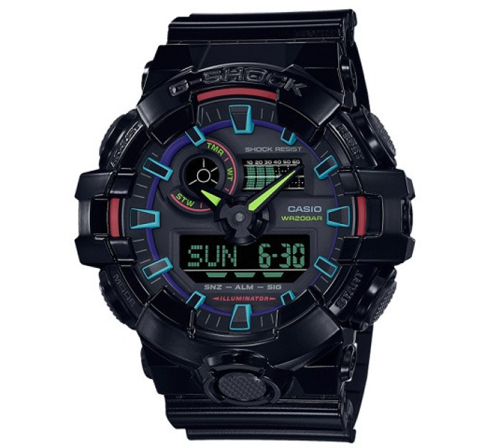 Купити ГОДИННИК CASIO GA-700RGB-1A ⌚ Наручні годинники на fabrikachasov.com ⭐ Безкоштовна доставка по Україні від 3000 грн ✈ Гарантія ✔ 10.000 моделей. Знижки!